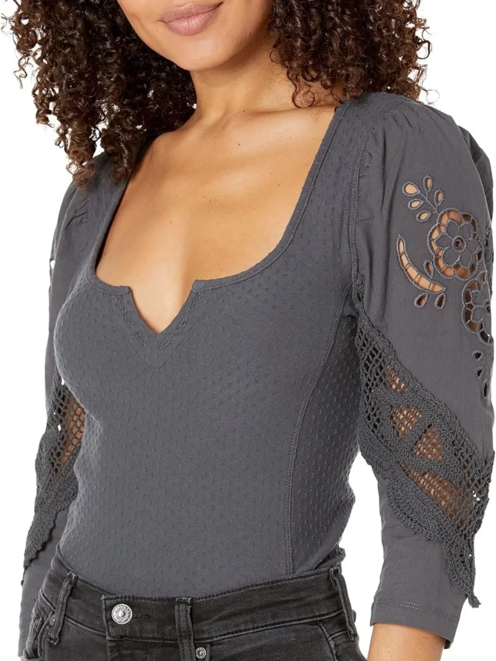 Free People Charcoal Gray Textured Scoop-Neck Blouse